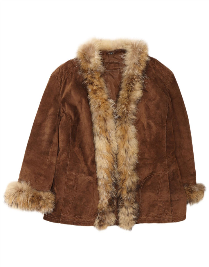 VINTAGE Damen offene Wildlederjacke IT 46 Großes braunes Leder