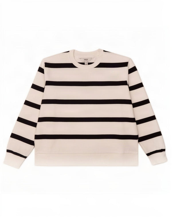 Marks & Spencer Damen-Sweatshirtpullover UK 14 Mittelweiß gestreifte Baumwolle