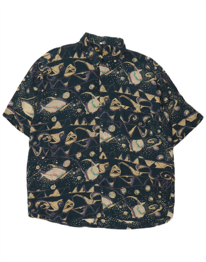 Vintage Herren Abstraktes Muster Kurzarmshirt XL Blau Viskose Retro