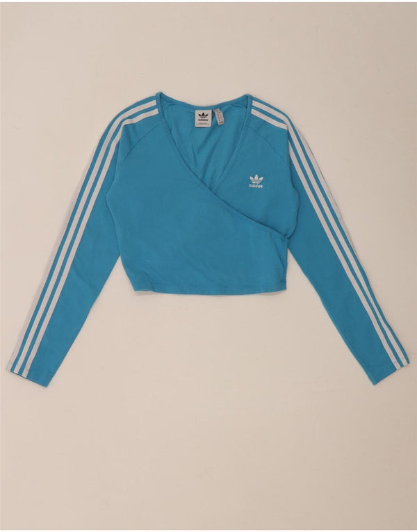 Adidas Damen Crop Top Langarm UK 12 Mittelblaue Baumwolle