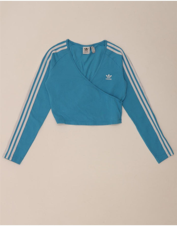 Adidas Damen Crop Top Langarm UK 12 Mittelblaue Baumwolle