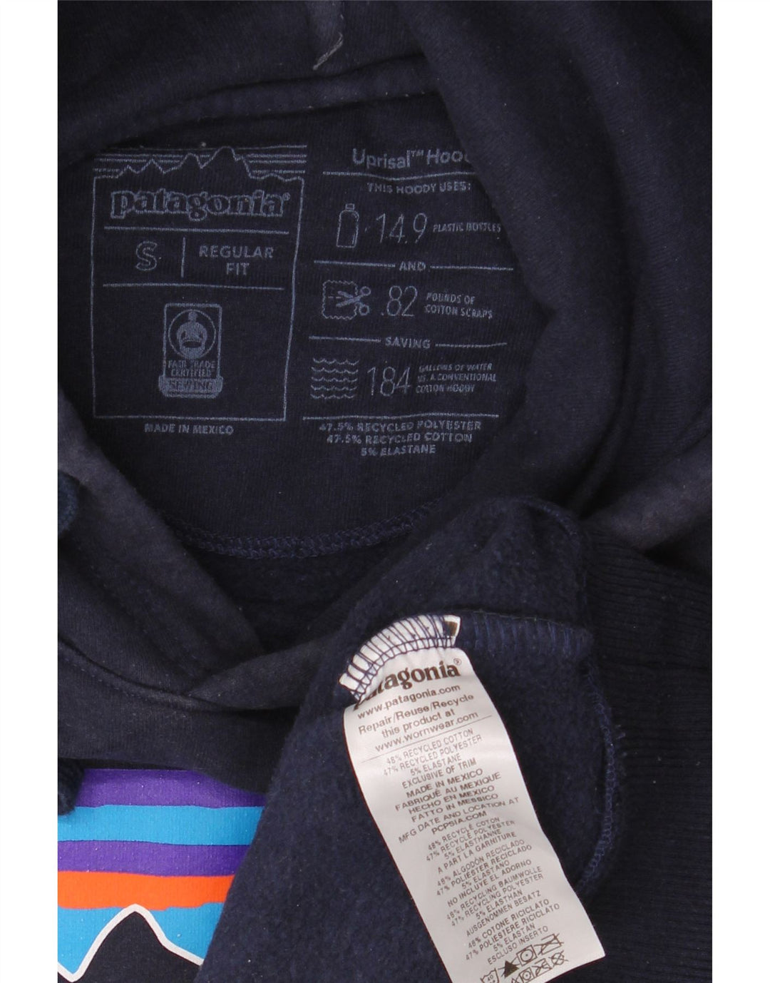 PATAGONIA Herren-Kapuzenpullover mit normaler Passform und Grafik, Größe S, marineblaue Baumwolle