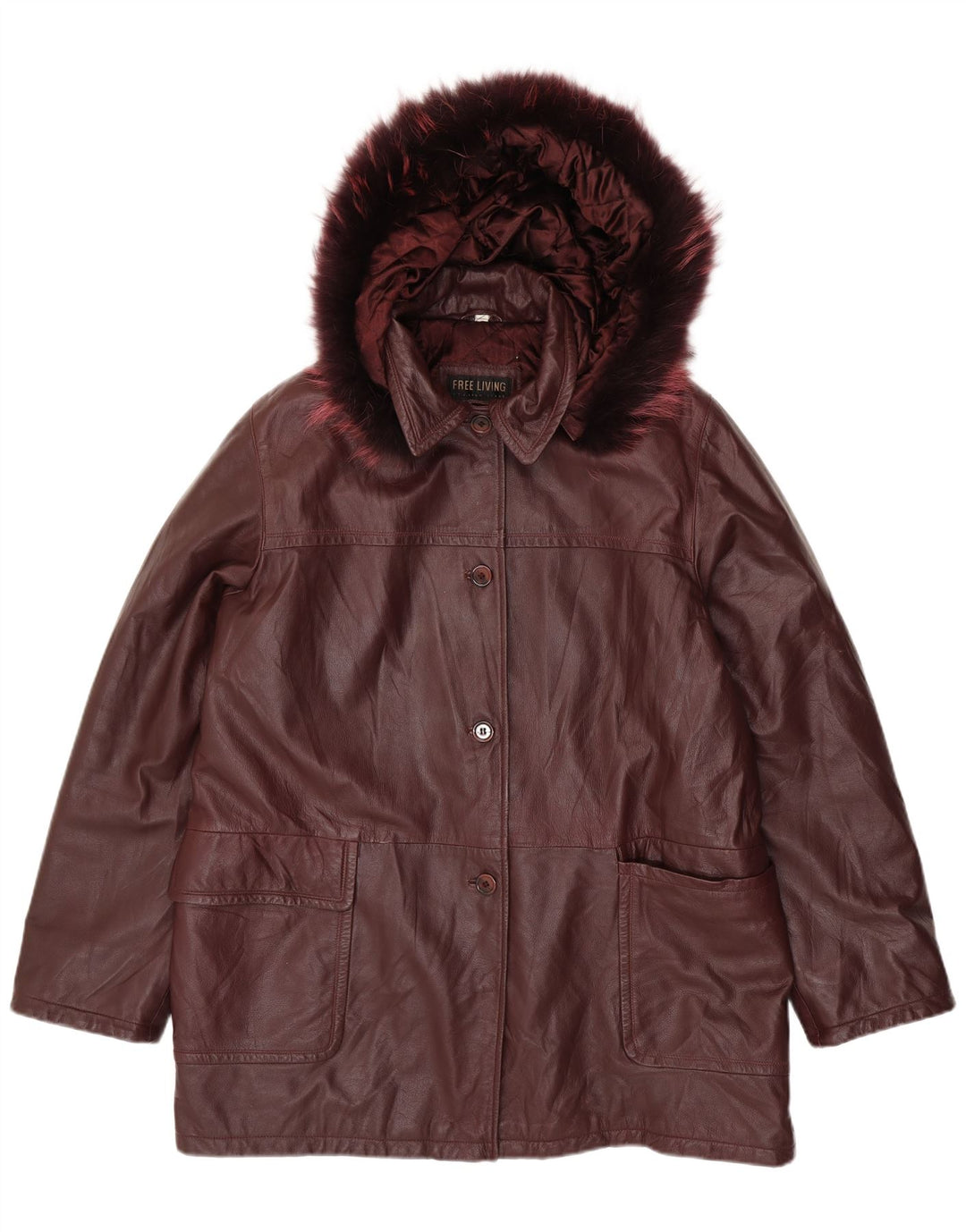 Vintage Damen Übergroßer Ledermantel mit Kapuze IT 50 XL Kastanienbraunes Leder