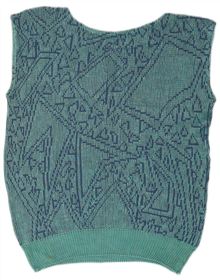 Vintage Damen Weste Tank Top UK 16 Groß Blau Geometrisch