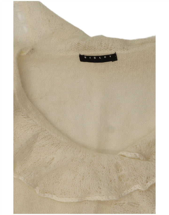 Sisley Damen-Pullover mit Rüschen vorne und Polokragen, Gr. 12, Mittel, gebrochenes Weiß