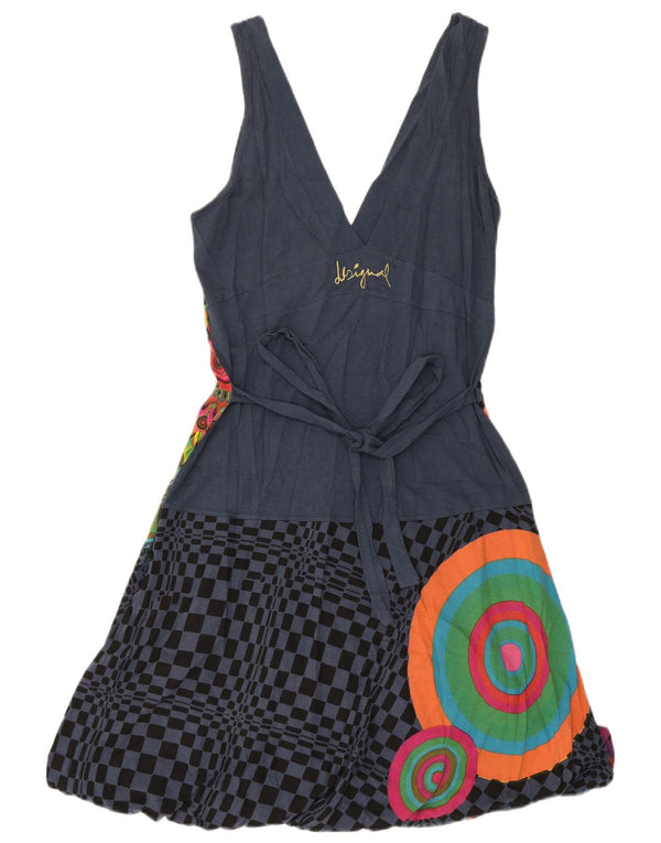 Desigual Damen Grafisches ärmelloses A-Linien-Kleid UK 18 XL Marineblau mit Blumenmuster