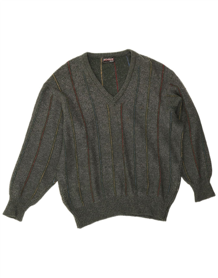 Vintage Herren Pullover mit V-Ausschnitt XL Khaki gestreift