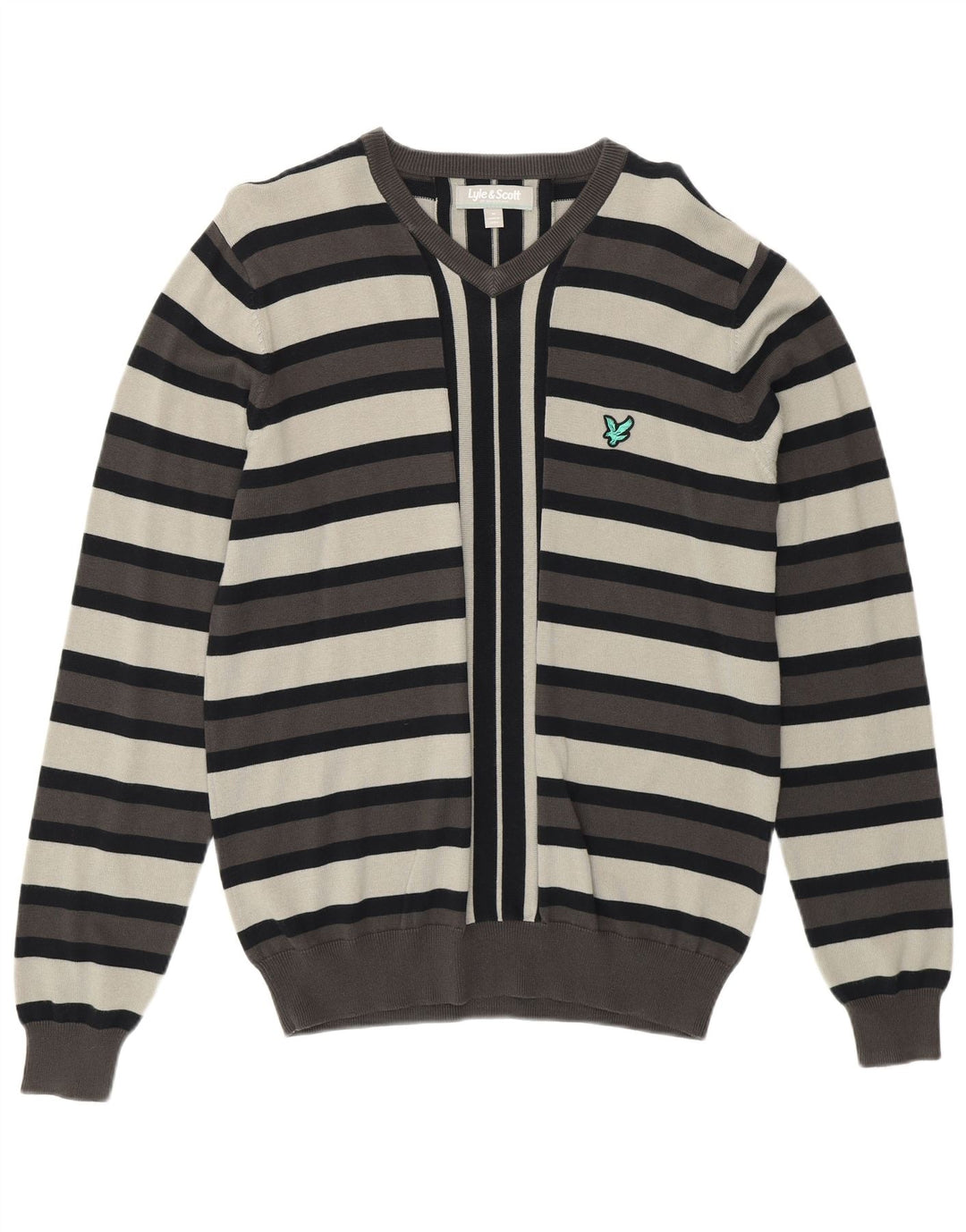 LYLE & SCOTT Herren-Pullover mit V-Ausschnitt aus mittelgrauer, gestreifter Baumwolle