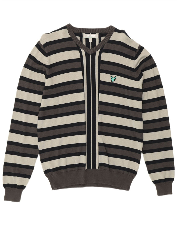 LYLE & SCOTT Herren-Pullover mit V-Ausschnitt aus mittelgrauer, gestreifter Baumwolle
