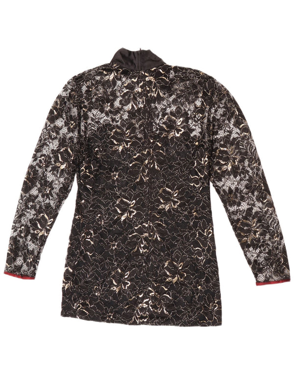 Vintage Damen-Bluse mit durchsichtiger Spitze, Größe 40, kleines schwarzes, geblümtes Nylon