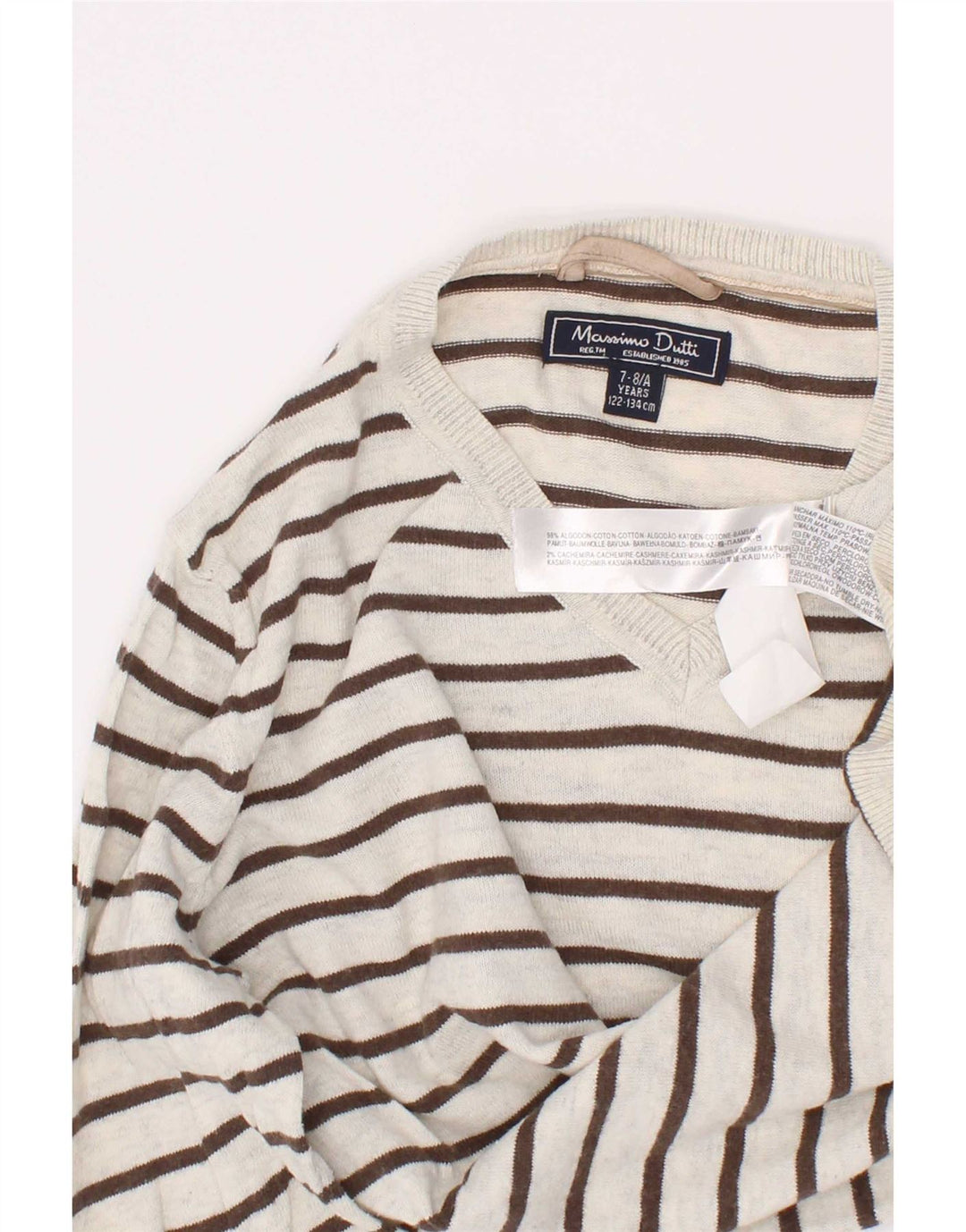 Massimo Dutti Jungen-Pullover mit V-Ausschnitt, 7–8 Jahre, weiß gestreift, Baumwolle