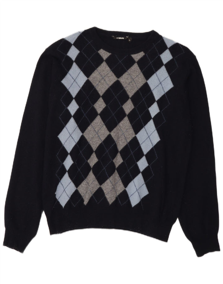 Brugi Herren-Pullover mit Rundhalsausschnitt, groß, marineblau, Argyle-/Diamant-Wolle