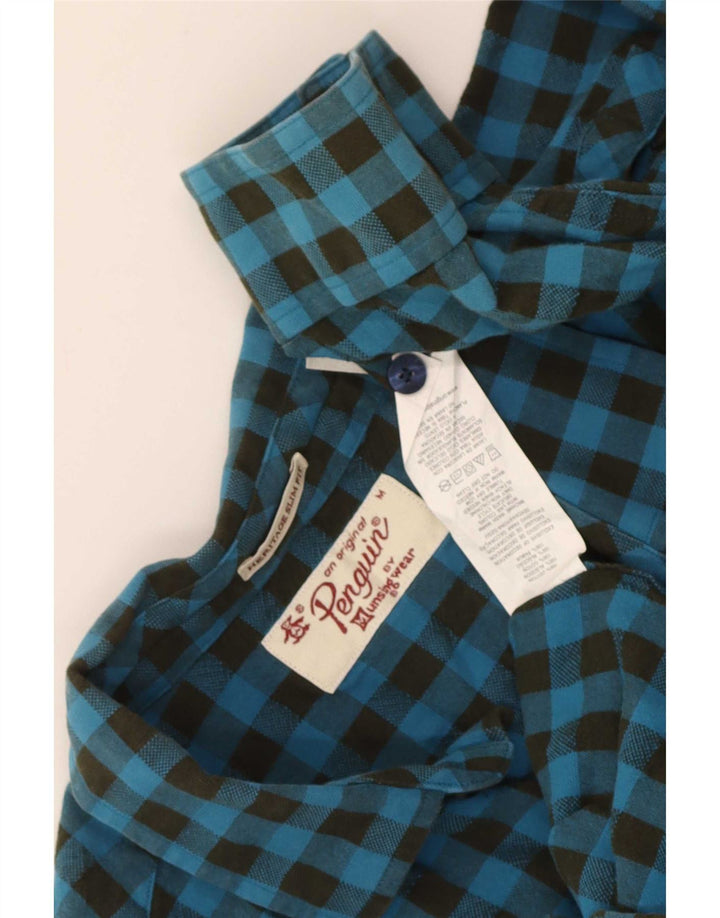 Penguin Herren Heritage Slim Fit Flanellhemd aus mittelblauer Gingham-Baumwolle
