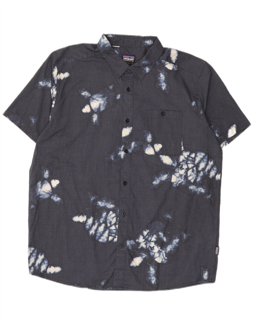 Patagonia Herren Abstraktes Muster Kurzarmhemd XL Marineblau Hawaiianisch