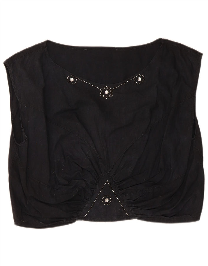 Vintage Damen Crop Bluse Top UK 14 Medium Schwarz