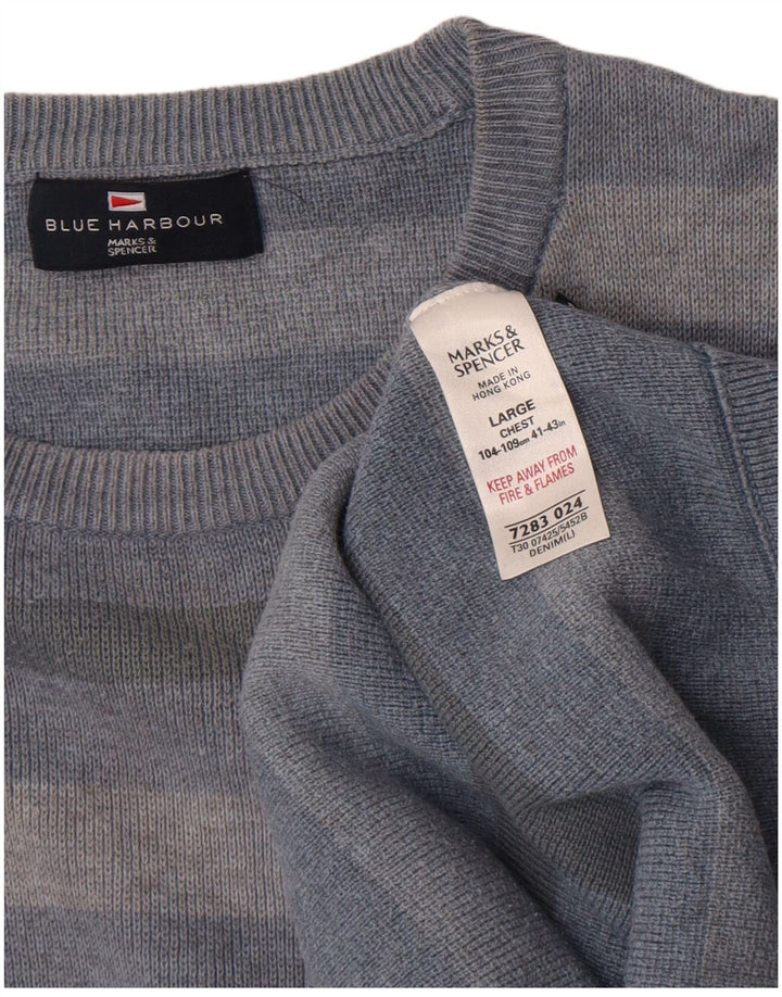 Marks & Spencer Herren-Pullover mit Rundhalsausschnitt, groß, blau gestreift, Baumwolle