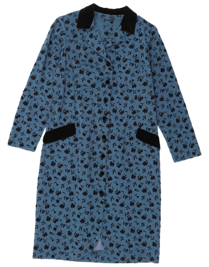 Vintage Damen Langarm-Etuikleid UK 14 Mittelblau geblümt