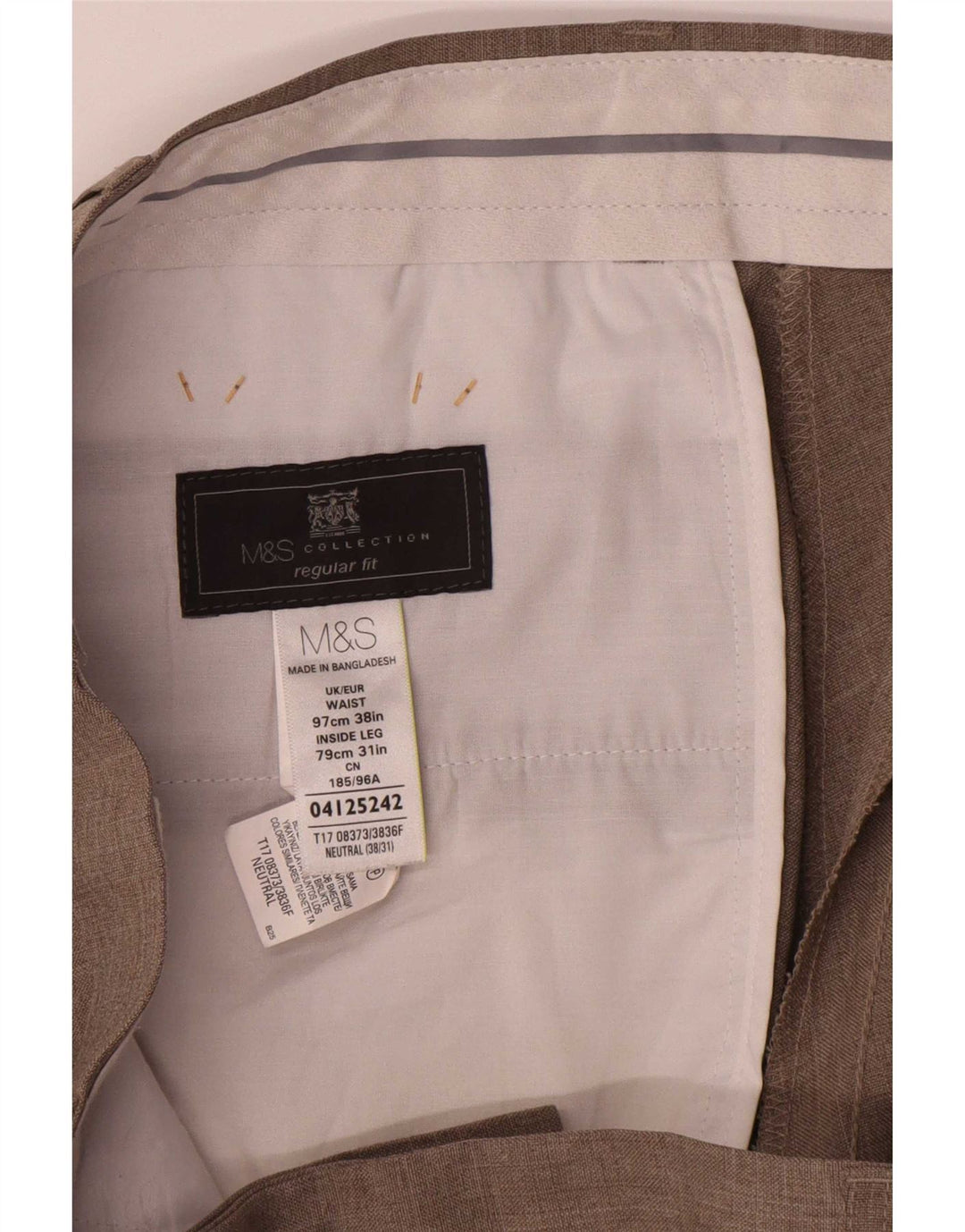 Marks & Spencer Herren-Anzughose in normaler Passform, W38, L31, Beige, Polyester