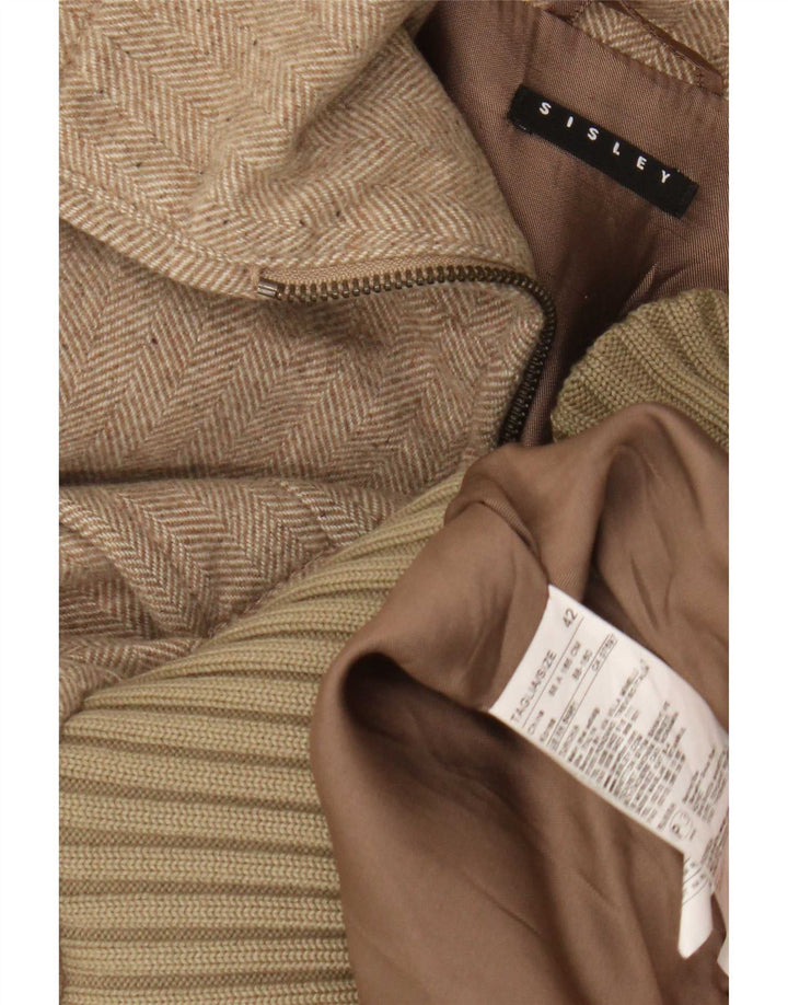 Sisley Damen Bomberjacke IT 42 Mittelbeige Wolle mit Fischgrätenmuster