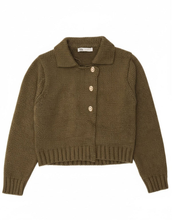 Zara Damen Crop Cardigan Pullover UK 16 Large Khaki Polyester