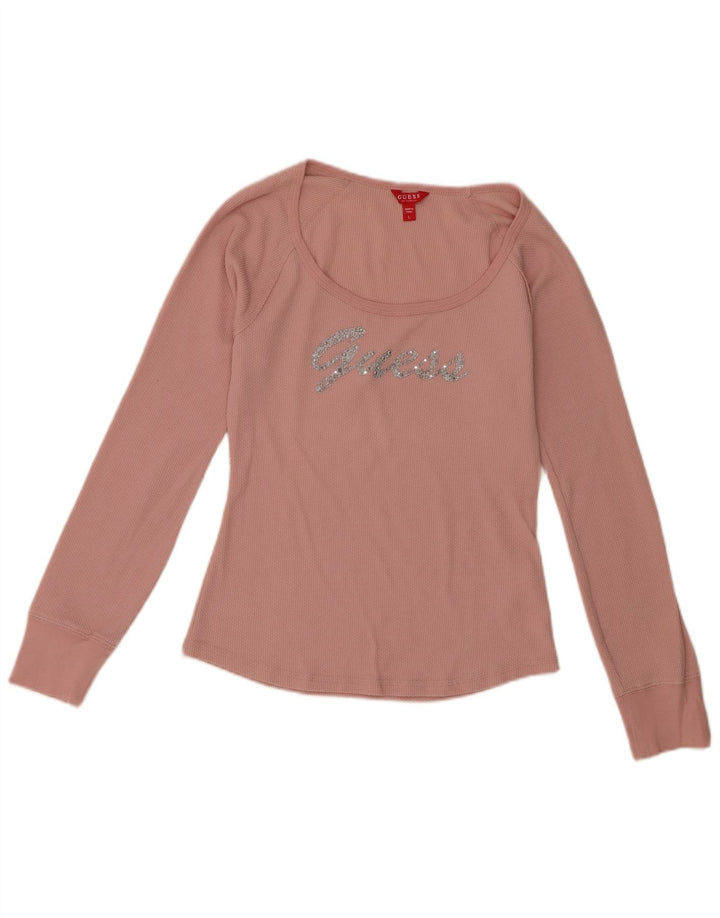 Guess Damen-Top mit Grafik, langärmlig, UK-Größe 44, Größe L, Rosa, Polyester