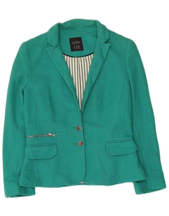 Zara Damen Crop 2 Button Blazer Jacke UK 12 Mittelgrüne Baumwolle