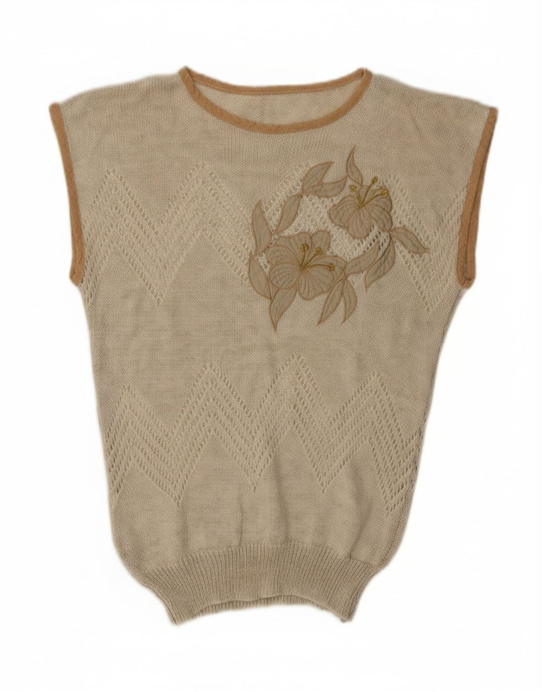 Vintage Damen Weste Tank Top UK 12 Medium Beige Floral Acryl