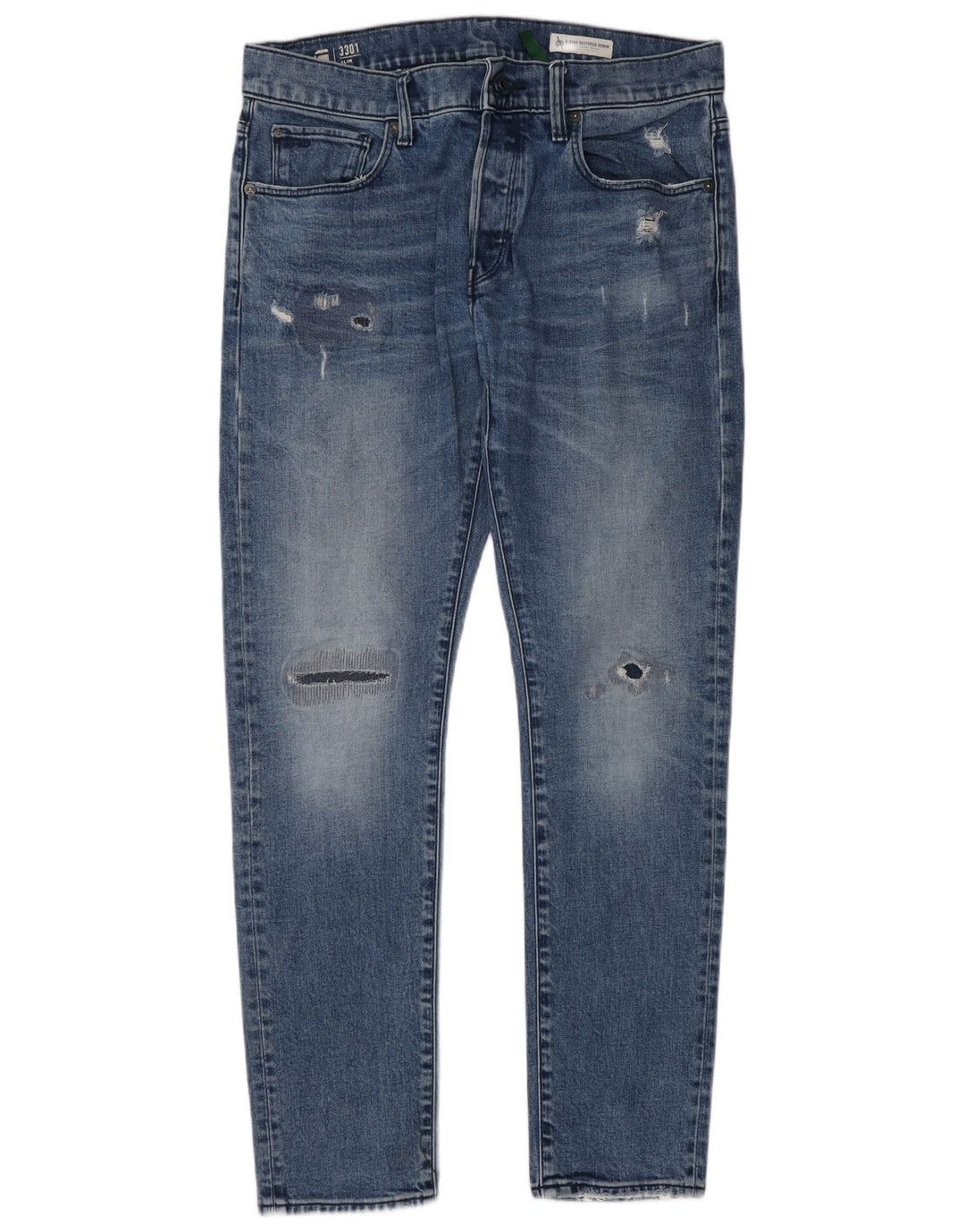 G-Star Herren 3301 Distressed Slim Jeans W33 L32 Blaue Baumwolle