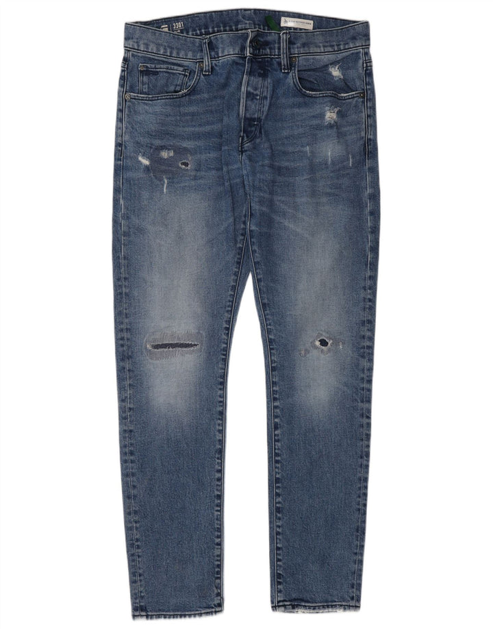 G-Star Herren 3301 Distressed Slim Jeans W33 L32 Blaue Baumwolle