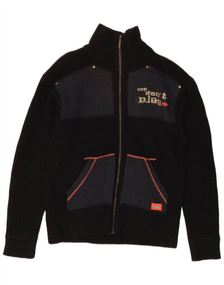 Dickies Grafischer Herren-Cardigan-Pullover aus mittelschwarzer Colourblock-Wolle