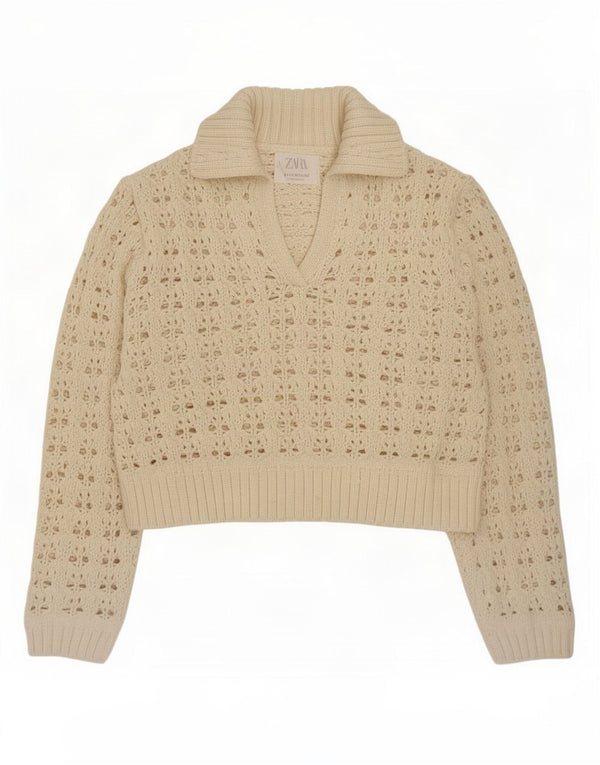 Zara Mädchen Häkelpullover mit Polokragen, 11–12 Jahre, beige, Polyester
