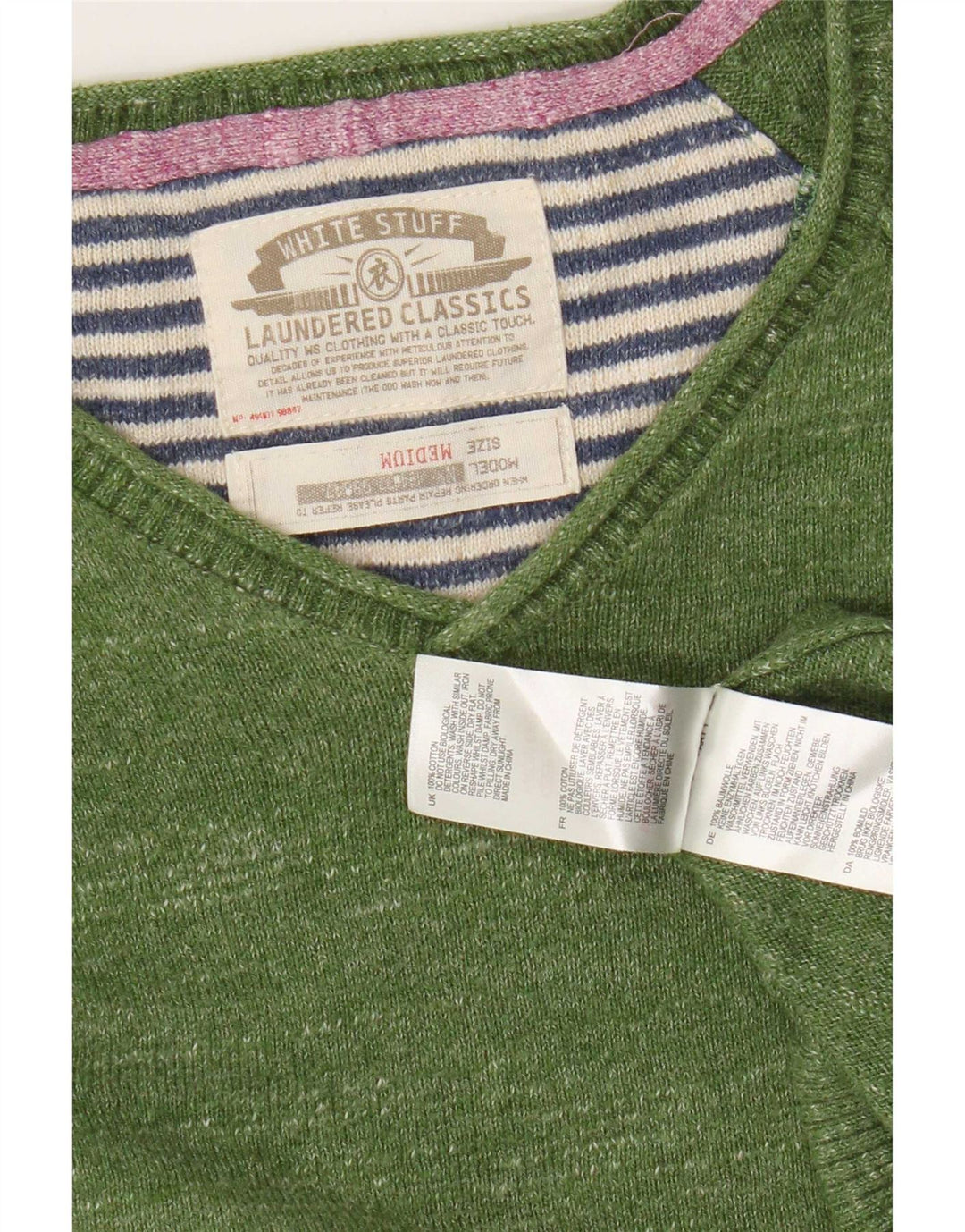 White Stuff Herren-Pullover mit normaler Passform, V-Ausschnitt, mittelgrüne Baumwolle