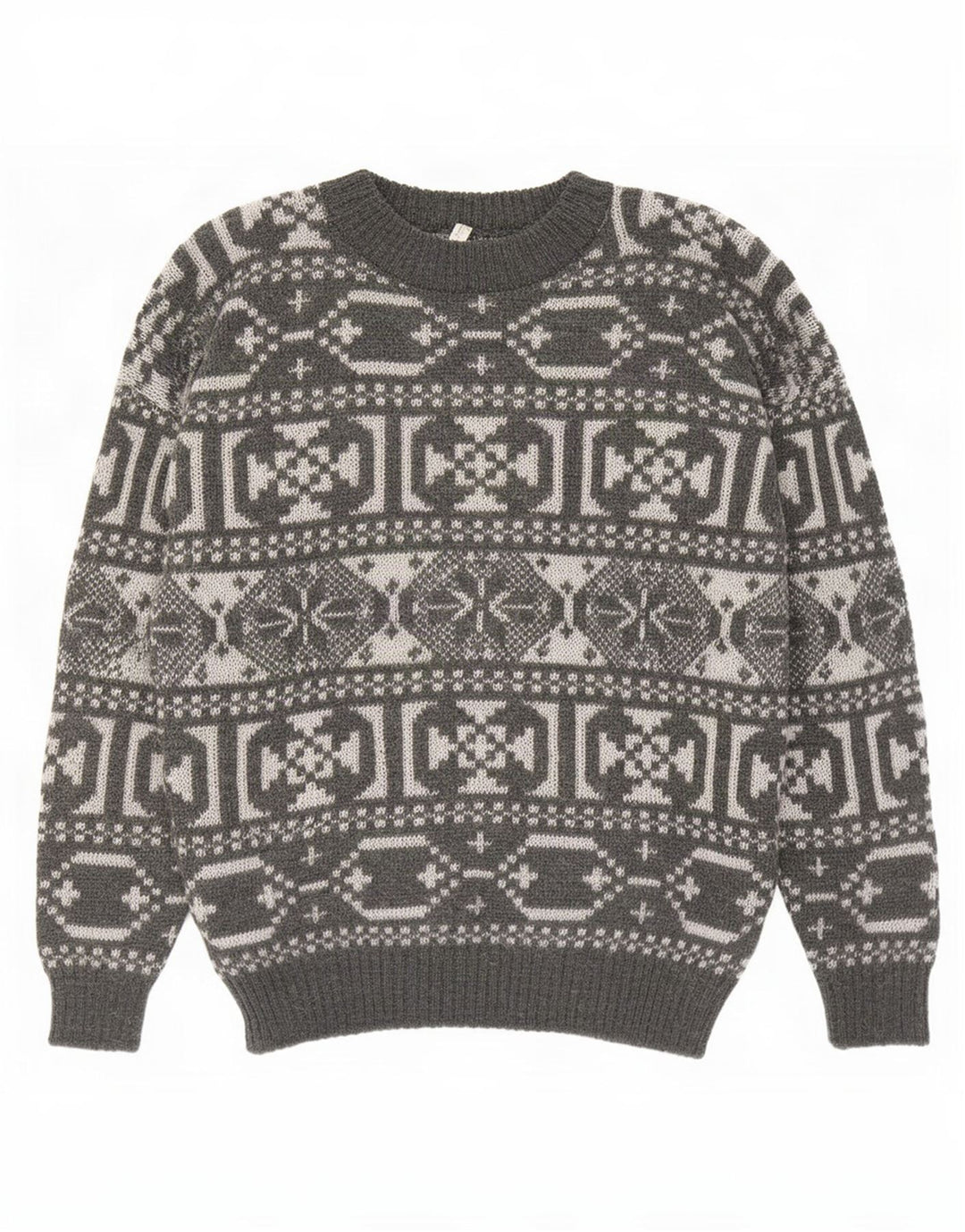 Vintage Herren-Pullover mit Rundhalsausschnitt, mittelgraue geometrische Wolle