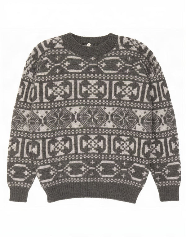 Vintage Herren-Pullover mit Rundhalsausschnitt, mittelgraue geometrische Wolle