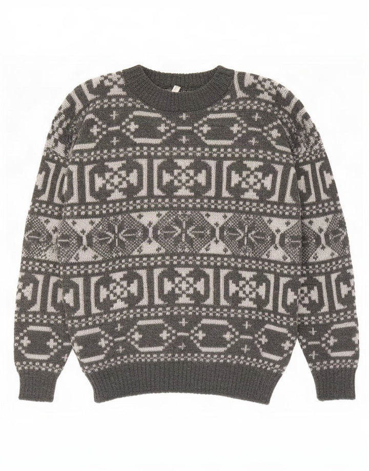 Vintage Herren-Pullover mit Rundhalsausschnitt, mittelgraue geometrische Wolle