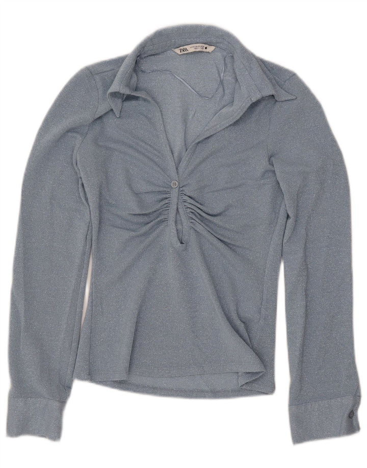 ZARA Damen Langarmblusenoberteil UK 6 XS Blaue Viskose