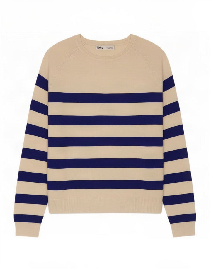 Zara Damen Top Langarm UK 14 Medium Off White gestreift