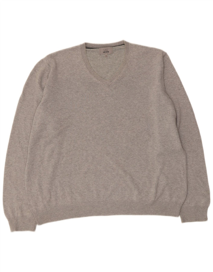 Marks & Spencer Herren-Pullover mit V-Ausschnitt, XL, graue Baumwolle