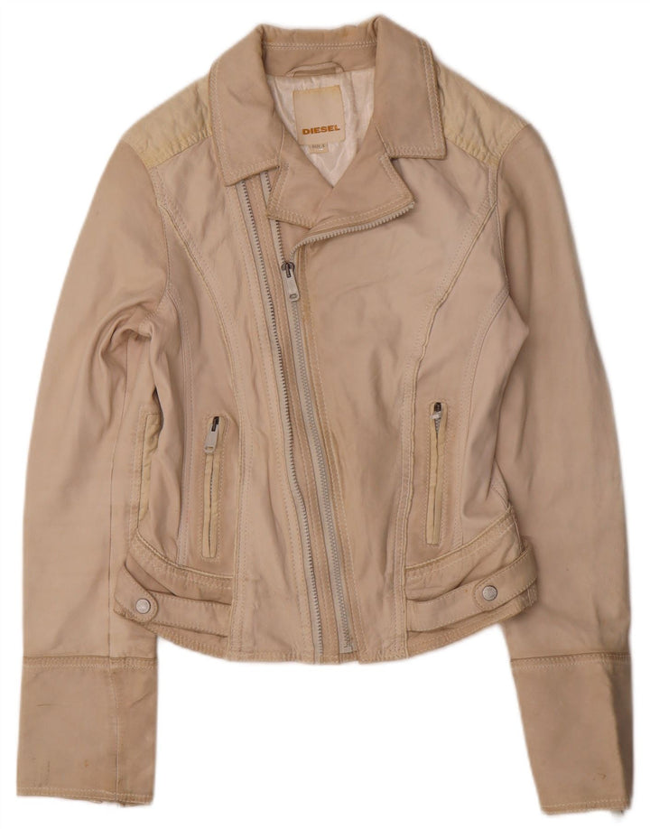 DIESEL Womens Crop Leder Bikerjacke UK 10 Small Beige Leder