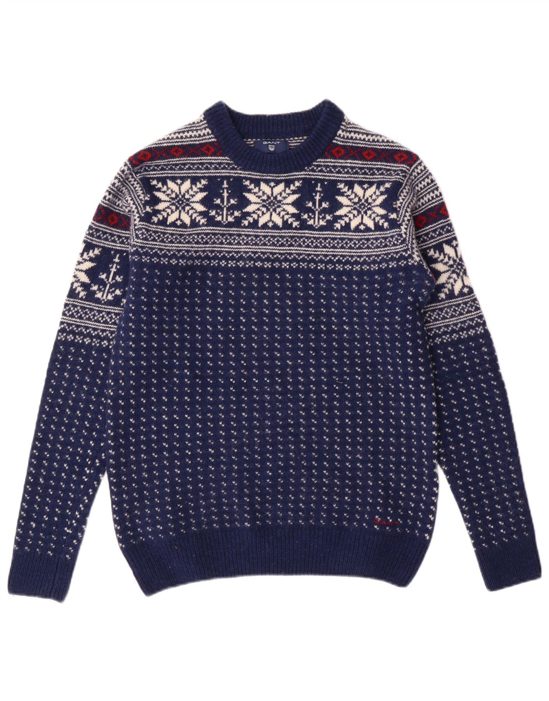 GANT Herren-Pullover mit Rundhalsausschnitt, Größe S, Marineblau, Fair-Isle-Wolle