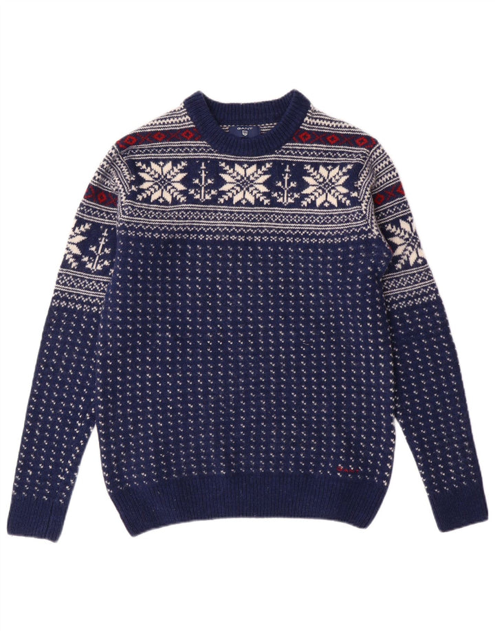 GANT Herren-Pullover mit Rundhalsausschnitt, Größe S, Marineblau, Fair-Isle-Wolle