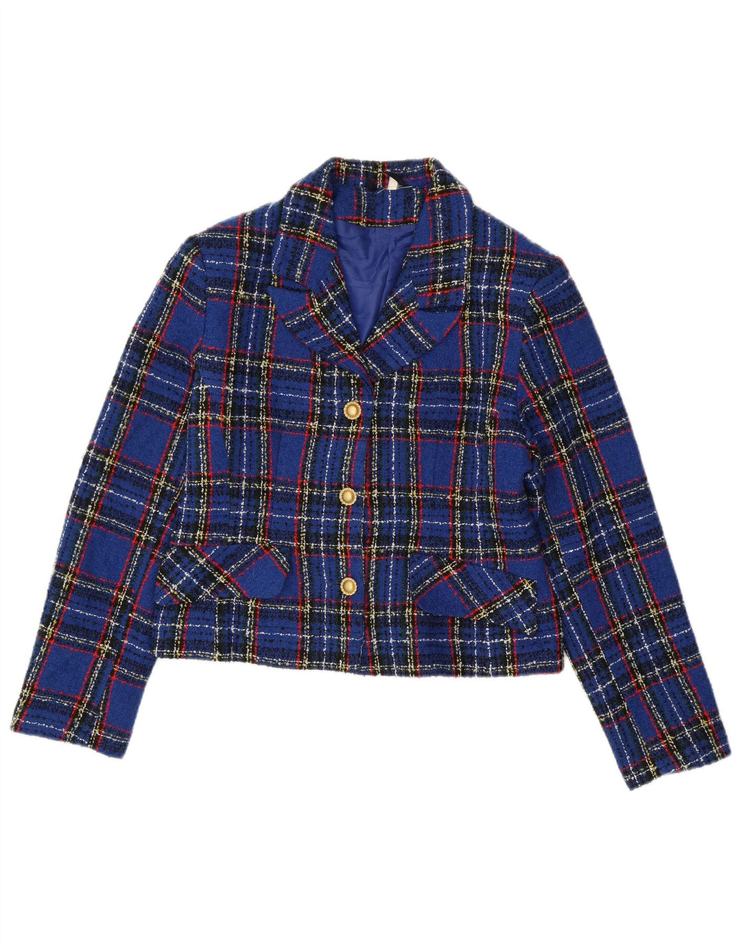 Euronova Damen Crop 3-Knopf-Blazerjacke IT 44 Mittelblau kariertes Acryl