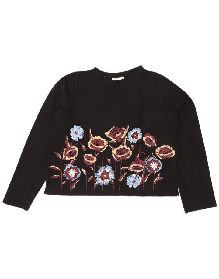 Zara Damen Crop Graphic Top Langarm UK 14 Mittelschwarz geblümt