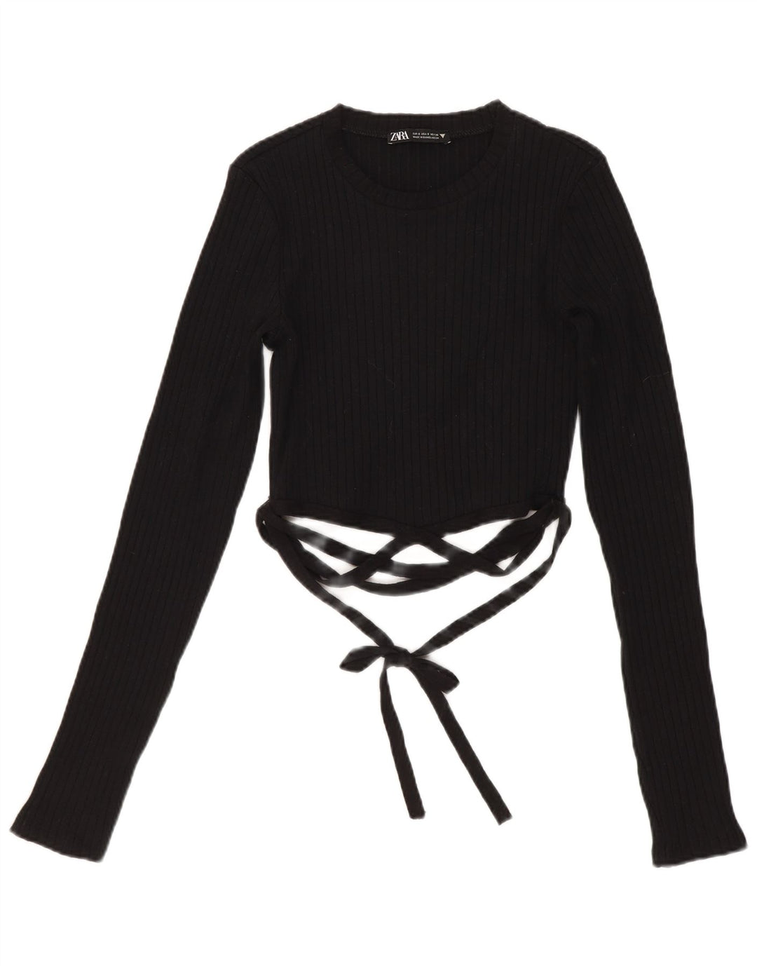 Zara Damen Crop Top Langarm UK 8 Small Schwarze Baumwolle