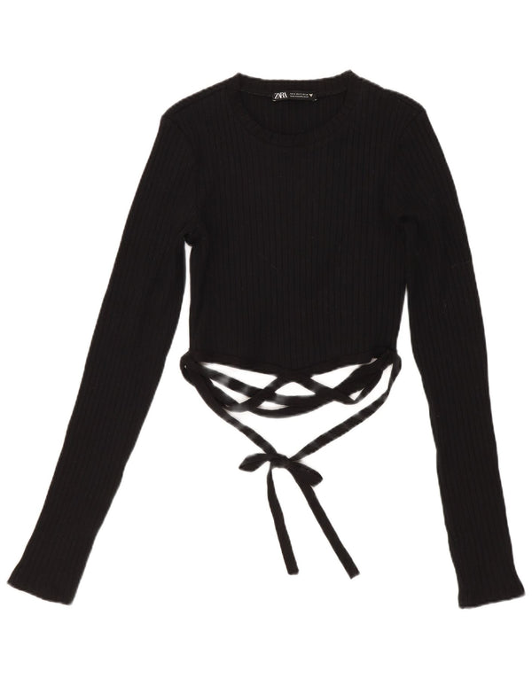 Zara Damen Crop Top Langarm UK 8 Small Schwarze Baumwolle