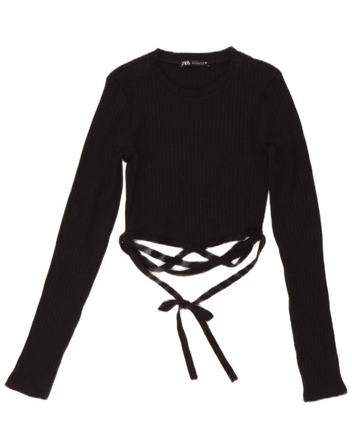Zara Damen Crop Top Langarm UK 8 Small Schwarze Baumwolle