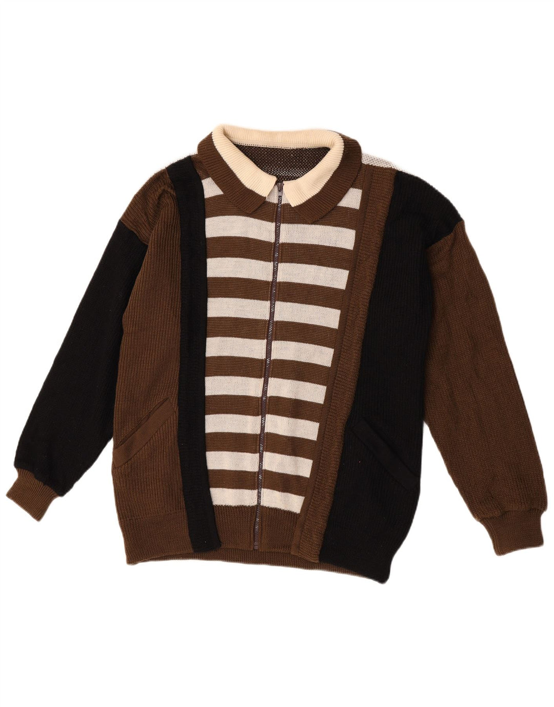 Kansai Yamamoto Grafischer Herren-Cardigan-Pullover aus mittelbrauner Colourblock-Wolle