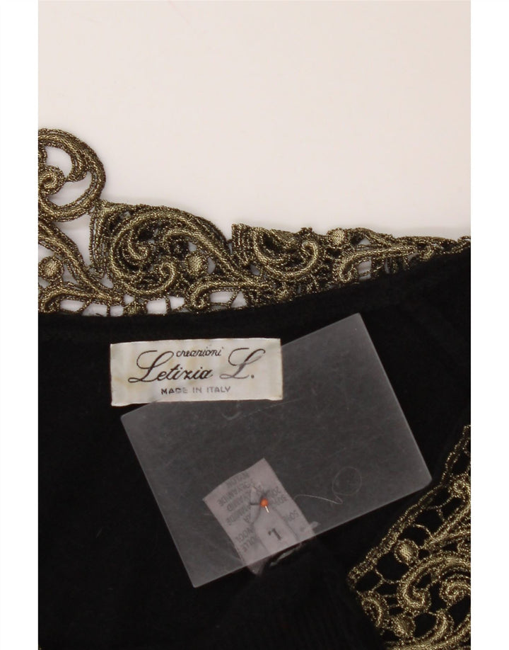 LETIZIA L. Damen-Pullover mit V-Ausschnitt, UK 16, Größe L, schwarze Paisley-Wolle