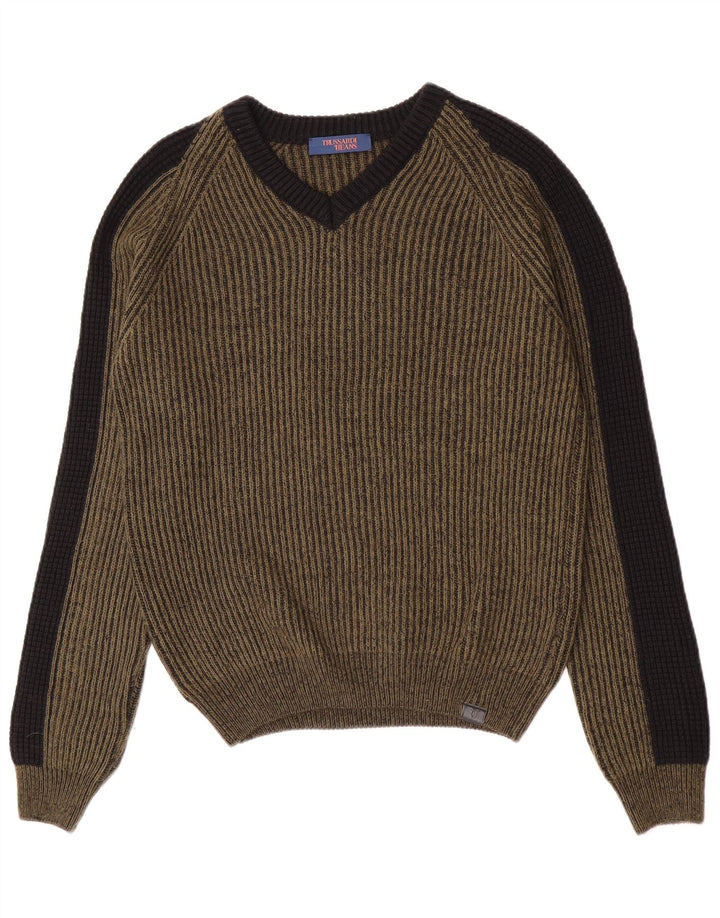 Trussardi Jeans Herren-Pullover mit V-Ausschnitt, mittlerer Khaki-Farbblock