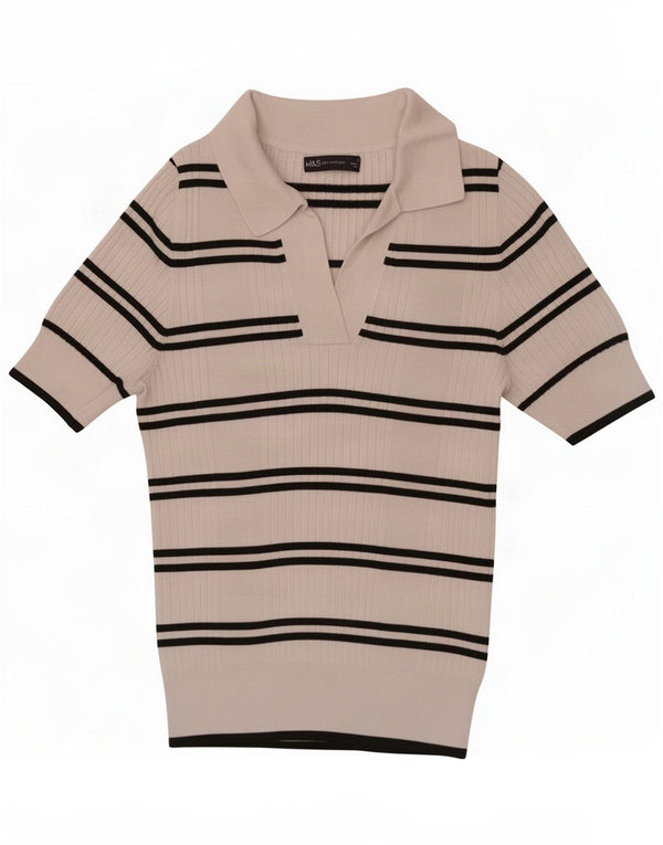 Marks & Spencer Damen Poloshirt UK 10 Small Weiß Gestreifte Viskose